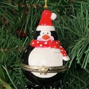 Penguin with Santa Hat Scarf Porcelain Hinged Trinket Box Christmas Ornament